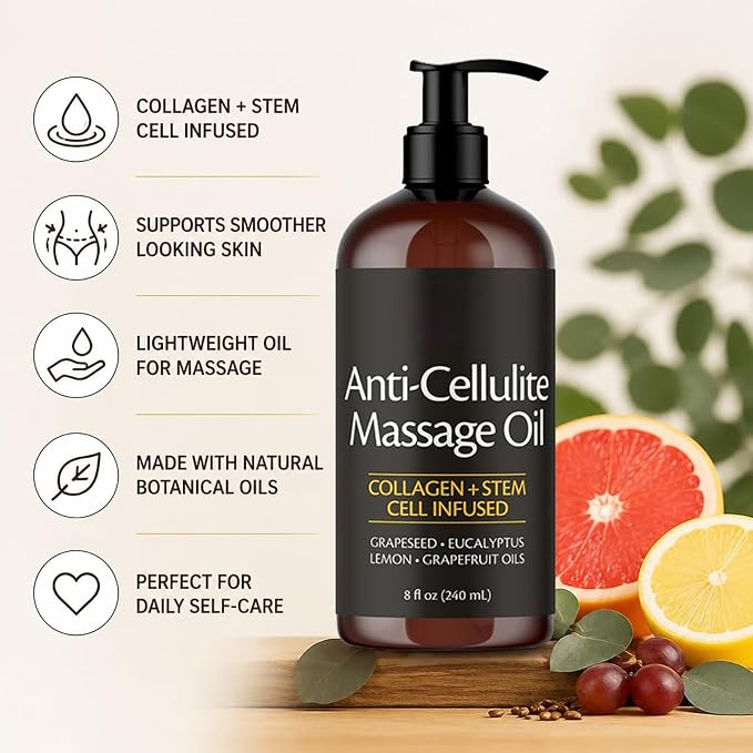 Firming Body Anti-Cellulite Massage Oil with Collagen Helps Smooth the Appearance of Cellulite & Improve Skin Texture – Refreshing Aromatherapy Body Oil for Legs & Full Body 8 fl oz (1pcs)