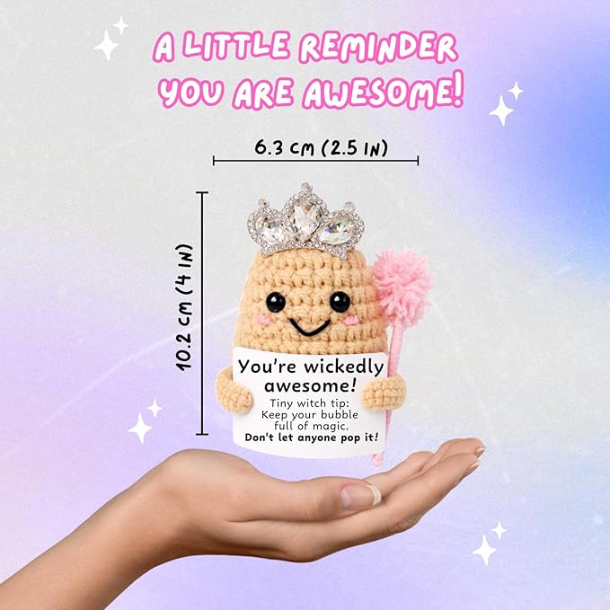 M.O.Q. Mini Funny Pink Witch Birthday Crochet Ideas Gifts for Women Her Him Ages 14+, Small Cute Stuff Things, Handmade Emotional Positive Crochet Witch Decor