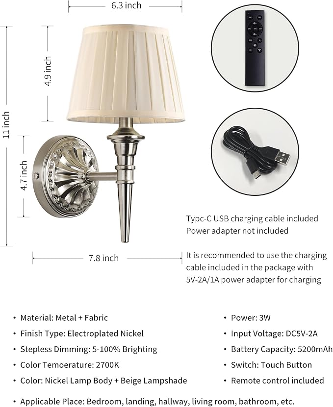 KDG Cordless Nickel Wall Sconces Set of 2, Beige Fabric Lampshde Wall Lamps | Small LED Wireless Portable Rechargeable Battery Lighting for Wall Painting, Living Room, Bedroom, Hallway, Gifts, Nightlight