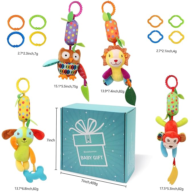 Bloobloomax Baby Soft Hanging Rattle, Car Seat Stroller Toys with Plush Animal C-Clip Ring for Infant Babies Boys and Girls 3 6 9 to 12 Months (12PCS-A)