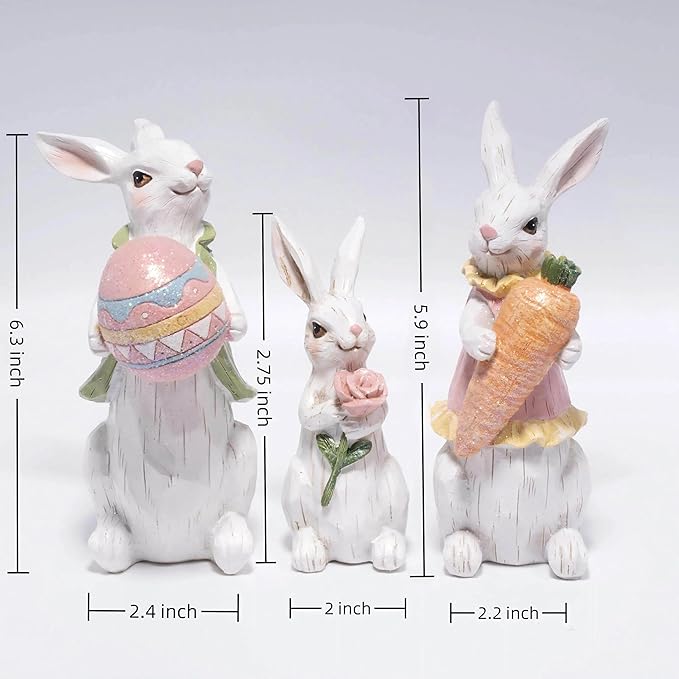 Hodao Easter Bunny Family Figurines, Hand-Painted Resin Rabbit Decor Set with Carrot, Flower & Easter Egg, Rustic Farmhouse Spring Tabletop Decorations, Cute for Home, Shelf, Mantel