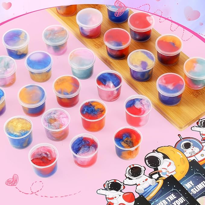 28 Pack Valentines Day Gifts for Kids School Classroom - Galaxy Slime Stress Relief Fidget Toys with Valentines Day Cards, School Classroom Exchange, Valentines Class Party Favors