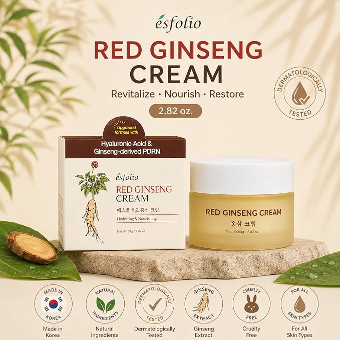 esfolio made in Korea Red Ginseng Nourishing Cream 2.82 Oz, Daily Facial Moisturizer with Red Ginseng Extract, Lightweight Face Cream for Soft and Comfortable Skin, Fast Absorbing Korean Skincare