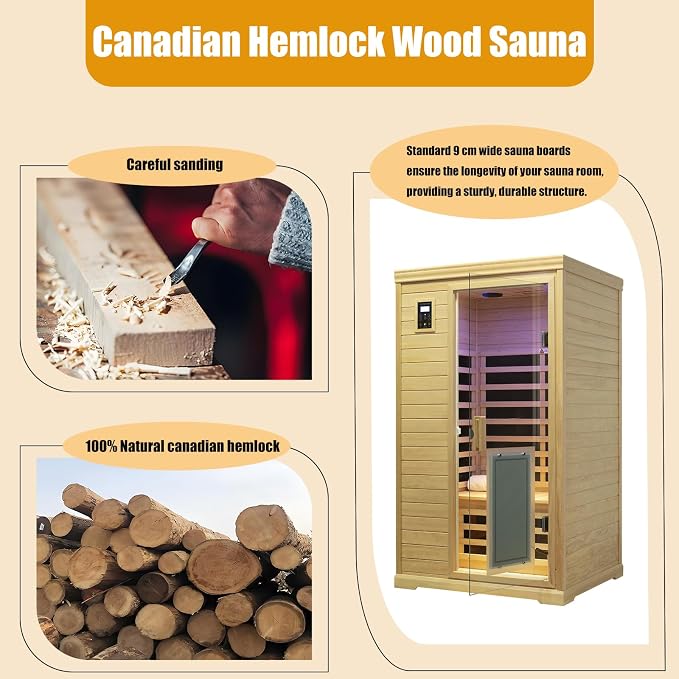 Kanlanth Far Infrared Wooden Sauna Room, 2 Person Home Sauna, Canadian Hemlock Indoor Sauna Spa, 9 Low EMF Heaters,1,750watt, 2 Chromotherapy Lights, 2 Bluetooth Speakers, 1 LED Reading Lamp