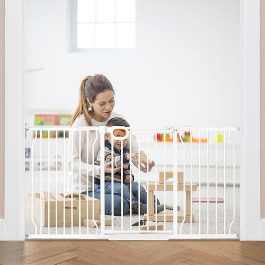 Extra Wide Baby Gate with Door Pressure Mounted 62.2-66.9 Inch,Child Dog Baby Safety Gates for Doorways,Walk Through Dog Gate Indoor for The House Kitchen Stairs No Drilling,White