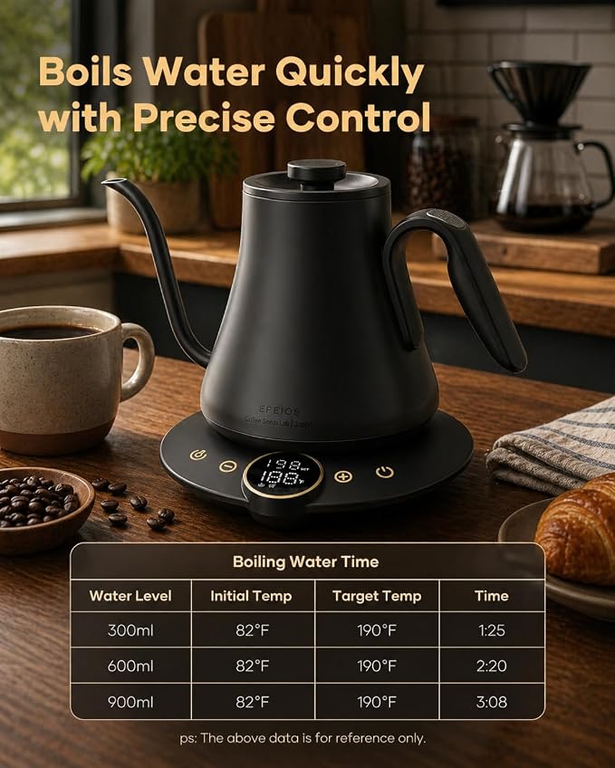Cocinare Gooseneck Electric Kettle, ±1°F Precise Temperature Control, 1500W Fast Heating, Pour Over Coffee & Tea Kettle with Brew Timer & Keep Warm, Stainless Steel, 0.9L (Matte Black)