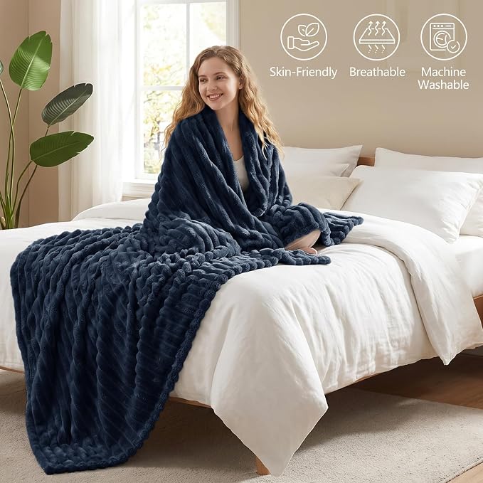 Navy Blue Blankets Queen Size for Bed, 90 x 90 Inch | 300GSM Ribbed Fleece Blanket, Soft, Cozy & Lightweight, OEKO-TEX Certified, All-Season for Bedrooms, Guest Rooms & Gifting