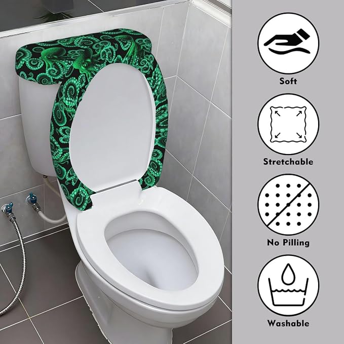 Elastic Edge Toilet Cover SetWatercolor Octopus Green, So ft Stretchy Fabric Universal Fit for Round Oblong Toilets Decor