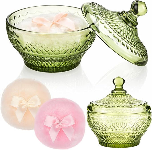 Tioncy 3 Pcs Large Body Powder Puff and Container Valentine's Day gift Powder Container with Puff Crystal Case Soft Washable Reusable Velour Face Body Glitter Wet Dry Makeup(Retro,Olive Green)