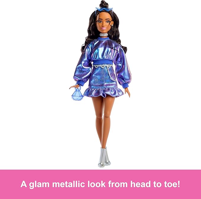 Barbie Deluxe Style Doll #7 in Metallic Blue Top and Skirt, Wavy Brown Hair, Accessories Like Silvery Jewelry, Crystal Handbag and Sunglasses