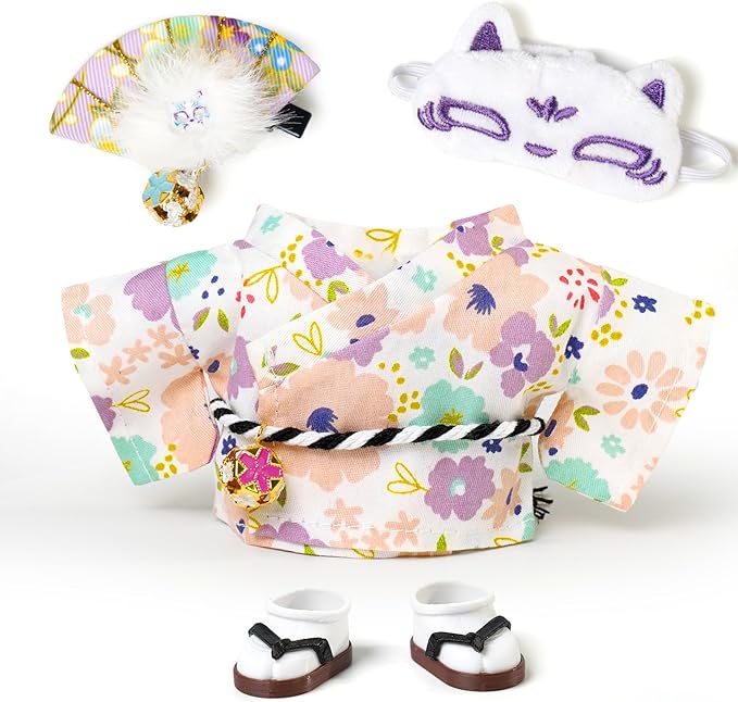 17cm Doll Clothes,Outfit Accessories Kimono Set for 6.7inch Dolls Girls, Kawaii Chic Designer Style Flower Hairbow+Purple Clothing+Cute Halloween Mask+Shoes(NO Doll)
