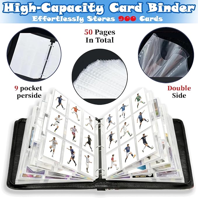 Football Card Binder,Sports Card Binder with Card Display Design,900 Pockets Premium Card Ablums with Sports Pattern Wristband Fit for Football Cards 2025-2026