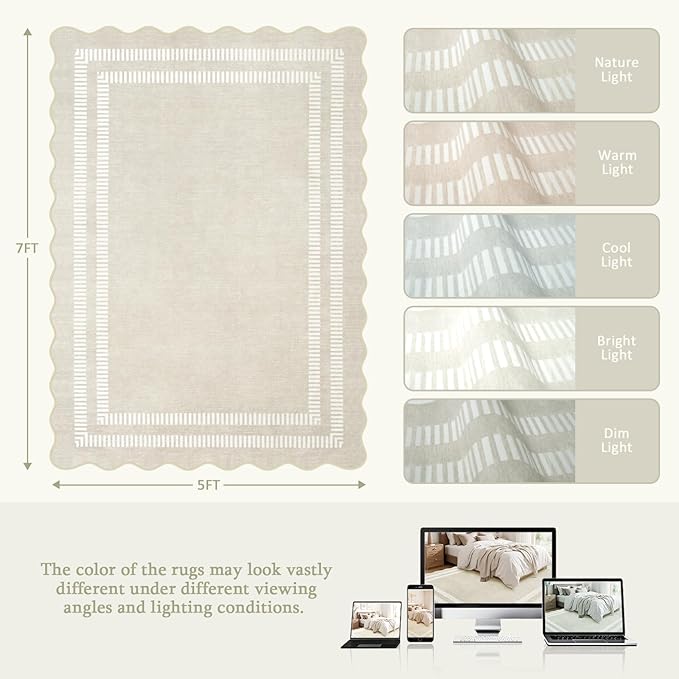 Area Rugs 5x7 Living Room Washable Modern Rug, Neutral Beige Soft Non Slip Rugs Ultra-Thin Indoor Carpet for Bedroom Dining Room Nursery Home Office
