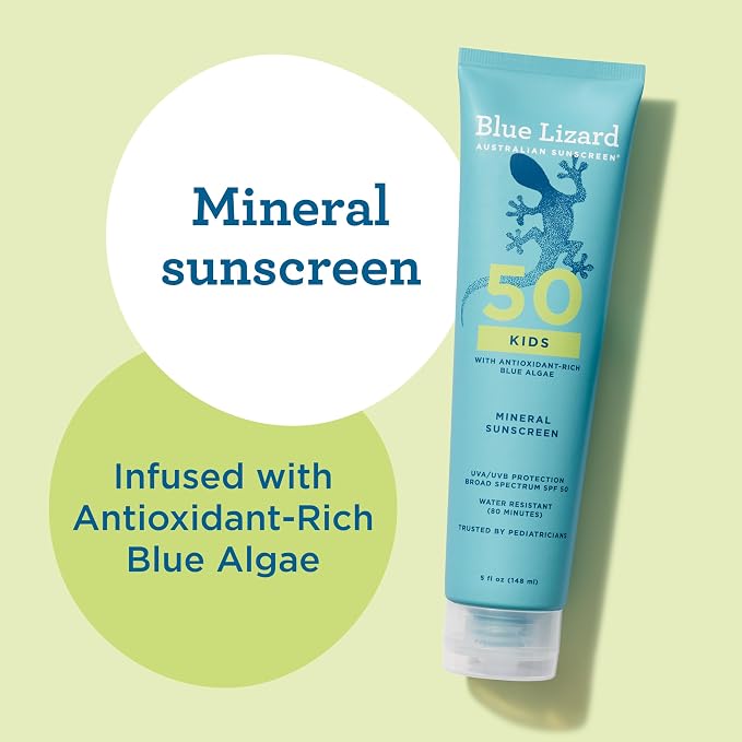 Blue Lizard Kids Mineral SPF 50 Sunscreen Lotion, 100% Mineral, Children’s Sunscreen, Water-Resistant Formula, Paraben-Free, Fragrance-Free, 5 fl oz (Pack of 2)
