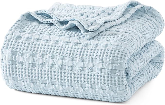 PHF 100% Cotton Waffle Blanket Twin Size, Lightweight Breathable Summer Blanket for Hot Sleepers, Pre-Washed Soft Layer for Bed, Dorm, Couch & Guest Room, Home Decor Gift, 66"x90", Sky Blue