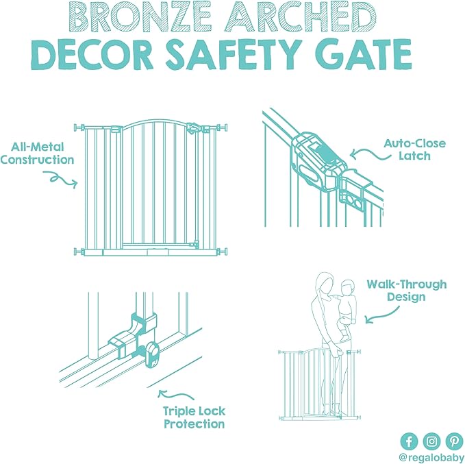 Regalo Safety 30-35” Extra Wide Baby Gate for Doorways & Bottom of Stairs, Pressure Mounted Walk-Through Gate for Babies, Toddlers & Pets, Bronze