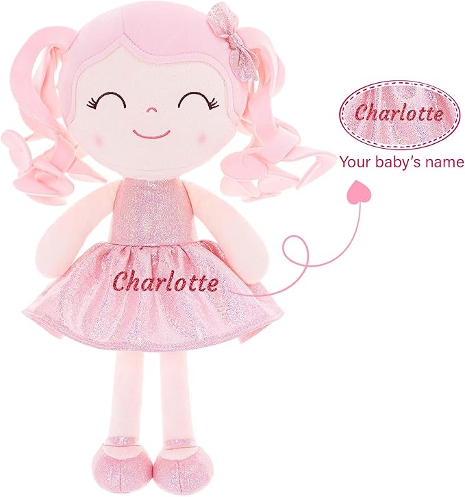 Gloveleya Personalized Baby Doll – 12” Soft Rag Doll with Custom Name Printing, Curly Hair Pink Dress, Keepsake Plush Toy, Perfect Birthday, Christmas for Girls
