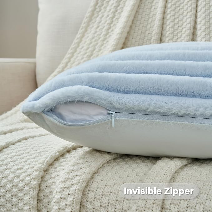 FUTEI Pack of 2 Faux Fur Throw Pillow Covers 22x22 Inch, Light Blue | Fluffy Faux Rabbit Fur Front/Premium Velvet Back,Hidden Zipper,Machine Washable,Non-Shedding,Colorfast,Insert Not Included.
