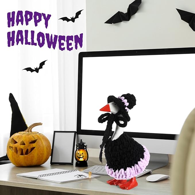 Halloween 7inch Desk Goose Outfits Mini Knitted Costume with Hat for Desk Magnetic Goose Key Holder Halloween Decor (Witch)(1 Set,Witch)