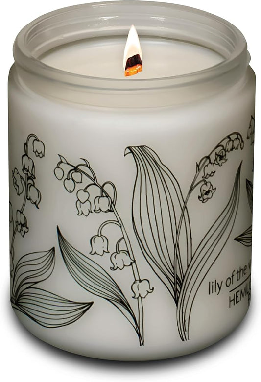 Hemlock Park Lily of the Valley Frosted Scented Candle | Crackling Wood Wick, Botanical Fragrance & Coconut Apricot Wax | Up to 60 Hour Burn Time | 8 oz | Made in USA