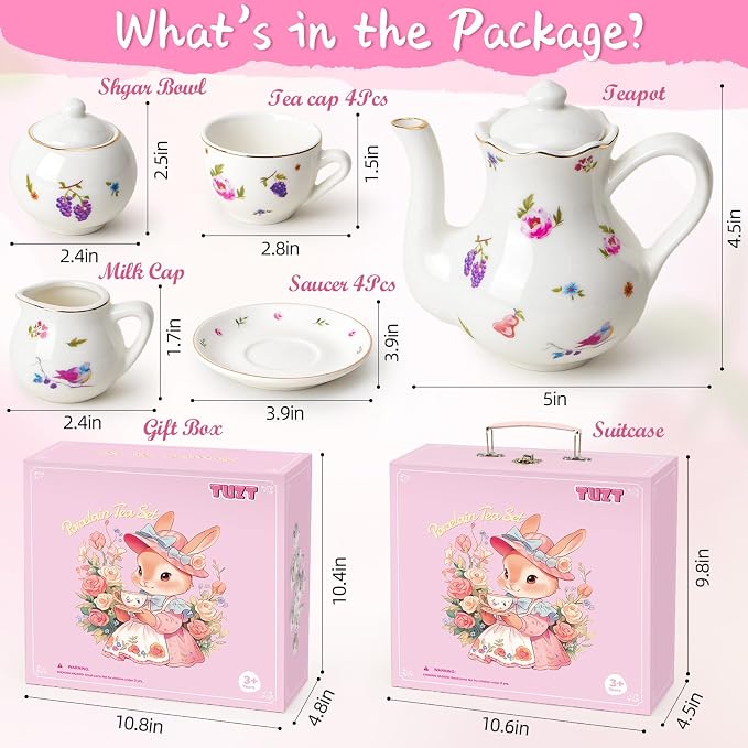 TUZT Tea Party Set for Little Girls Ages 3-8, White Floral Porcelain Tea Set with Gold Trim Edges, Princess Tea Time Toy Includes Pot & Cups & Saucers & Suitcase, Birthday Gifts for Toddlers Girls