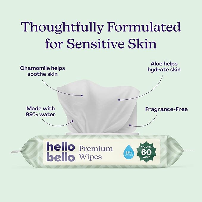 Hello Bello Premium Wipes, Designed for Sensitive Skin with Chamomile & Aloe Extracts, Simply Sage (18 Resealable Packets = 1080 Total Wipes)