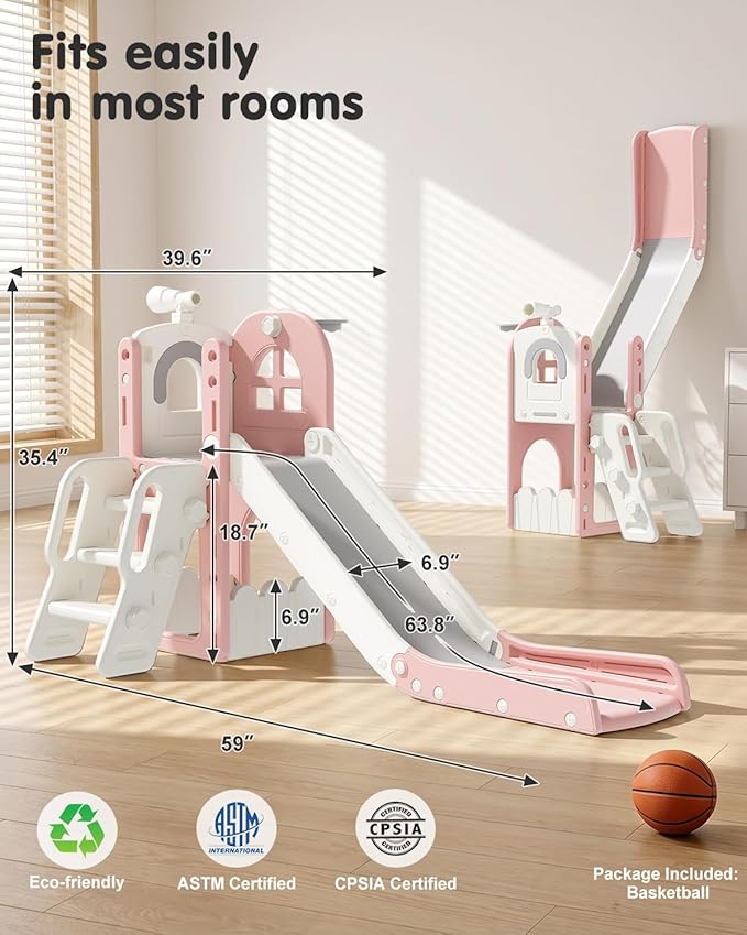 Babytronic Toddler Slide for Kids 1-3, 6-in-1 Toddler Slide Set with Basketball Hoop & Telescope, Indoor Outdoor Toddler Playset, Kids Climber Playset for Small Spaces, Indoor Playground, Pink