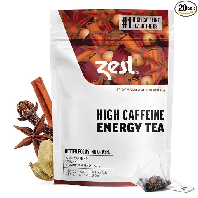 Zest Energy Black Tea - Spicy Masala Chai - High Caffeine Cardamom Ginger Tea with Cinnamon, Cloves & Vanilla Chai - Caffeinated Coffee Alternative - Natural, Non-GMO & Keto - 20Ct Pack - 150mg Caf