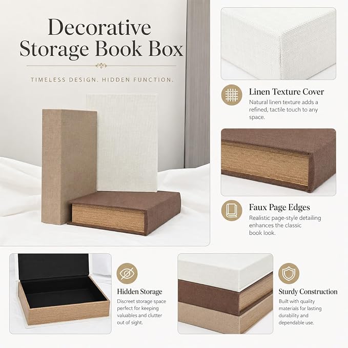 Decorative Linen Faux Book Storage Box Neutral Decorative Book Accent,12" | Vintage book style, faux linen texture, hidden storage, shelf decoration, farmhouse home decor, office organization