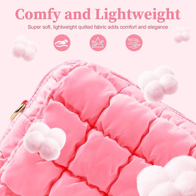 Puffer Quilted Makeup Bag Cosmetic Bags,Puffy Travel Toiletry Pouch for Women,Cute Checkered Zipper Bag Travel Essential,Portable Aesthetic Make up Organizer Bag for Gifts Work Daily(Pink,M)