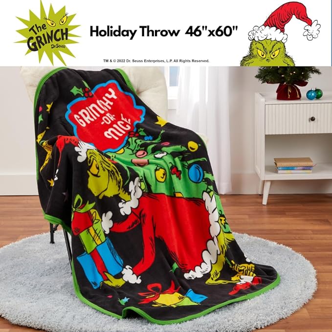 Collectibles Dr. Seuss The Grinch Holiday Christmas Bedding Super Plush Cozy Throw, 46 in x 60 in, (Officially Licensed Product) by Franco