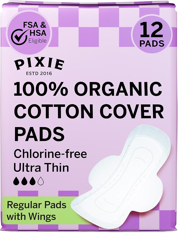Pixie Organic Pads Ultra Thin Cotton with Wings for Women - Leak-Proof & Moisture-Wicking for Feminine Care - Compostable, Unscented Menstrual Pads - Regular Absorbency - FSA Eligible - 12 Count