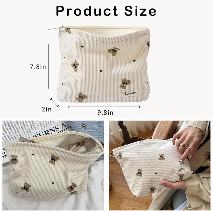 Cute Small Soft Corduroy Zipper Makeup Bag for Purse, Coquette Aesthetic Pouch with Bear Pattern for Women Girls, Kawaii Travel Cosmetic Bags（03Beige）
