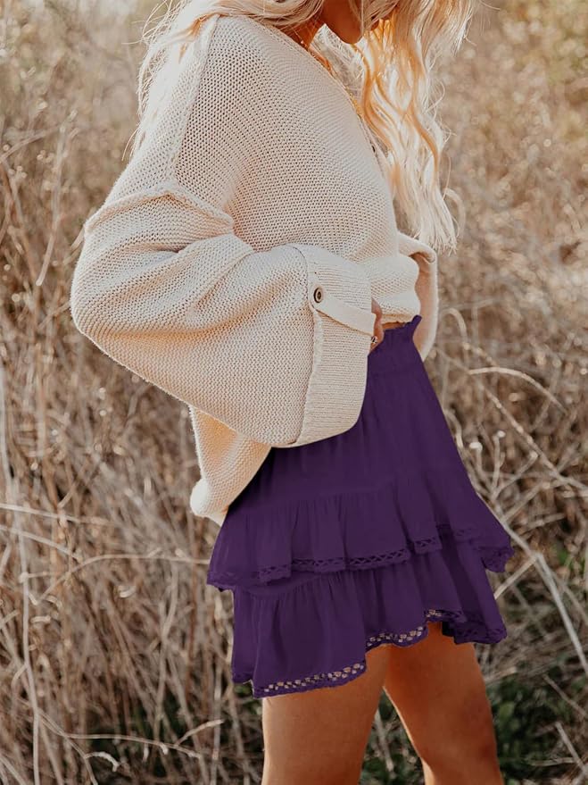 Flowy Shorts for Women Casual Boho Ruffle Tiered Skorts High Waist Mini Skirts Golf Tennis Crochet Shorts