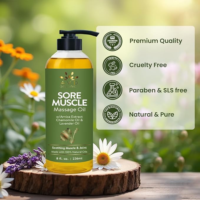 AVD Organics Sore Muscle Massage Oil 236 ml | Massage Therapy | Natural Oil with Lavender and Chamomile Essential Oils | Multipurpose Instant Absorption Full Body Massage Oil | 8 fl. oz