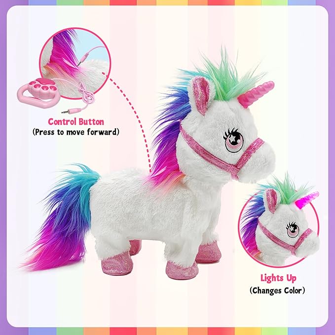 Interactive Unicorn Pet Toy with Leash Remote — Walks, Sits & “Eats”; Light-Up Horn, Touch & Sound Mode, Comb & Carrot, 3×AAA (Not Included), YH YUHUNG Unicorn Gift Toy for Girls Age 4-6