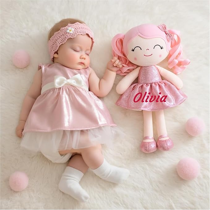 Gloveleya Personalized Baby Doll – 12” Soft Rag Doll with Custom Name Printing, Curly Hair Pink Dress, Keepsake Plush Toy, Perfect Birthday, Christmas for Girls