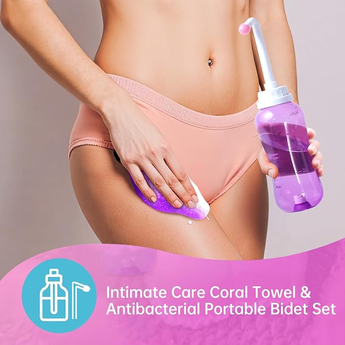 Portable Bidet with Intimate Washcloths - Bidet Sprayer with 2 Nozzle for Wash and Anal Douche, Bottle BPA-Free for Care