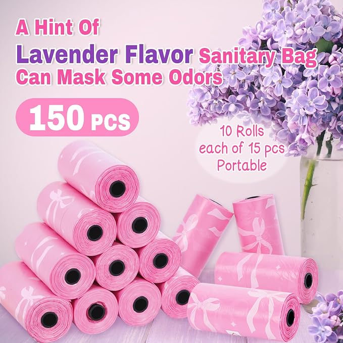 150 Pcs Sanitary Napkin Disposal Bags Lavender Scented Pink Bow Disposable Sanitary Bag Personal Care Disposal for Tampons Trash Bag Disposable Mini Bags for Women Privacy Handling Bag Diaper Sack