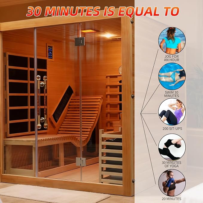 Infrared & Steam Dual-System Sauna Room, 2-3 Person Canadian Hemlock Wood Sauna with Recliner, Indoor Traditional Hybrid Home Saunas Spa with 9 Heaters & 6KW Sauna Stove, Oxygen Bar