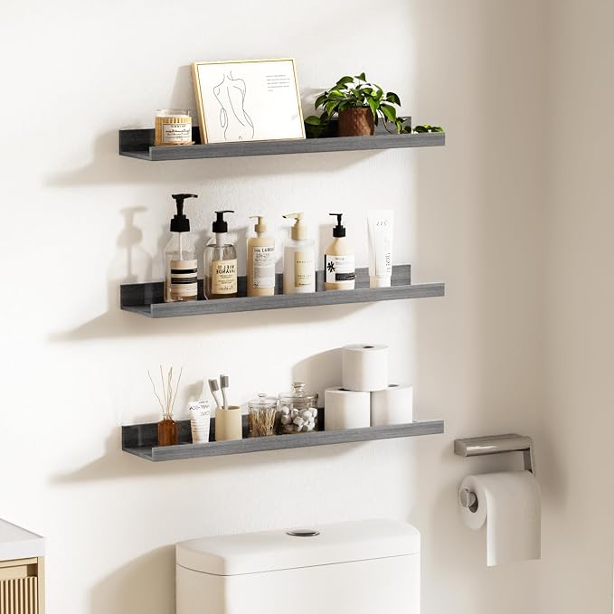 upsimples Floating Shelves for Wall, 23.6 Inch Shelves for Decor Storage Set of 6, Wall Mounted Wood Shelf for Bedroom, Living Room, Bathroom, Kitchen, Long Picture Ledge Shelves, Grey