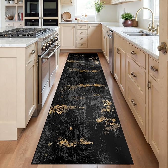 RELEANY Washable Area Rugs 2'x6' Non-Slip Modern Abstract Soft for Living Room Entryway Bedroom Kitchen, Print Pattern, Dark Black Gold
