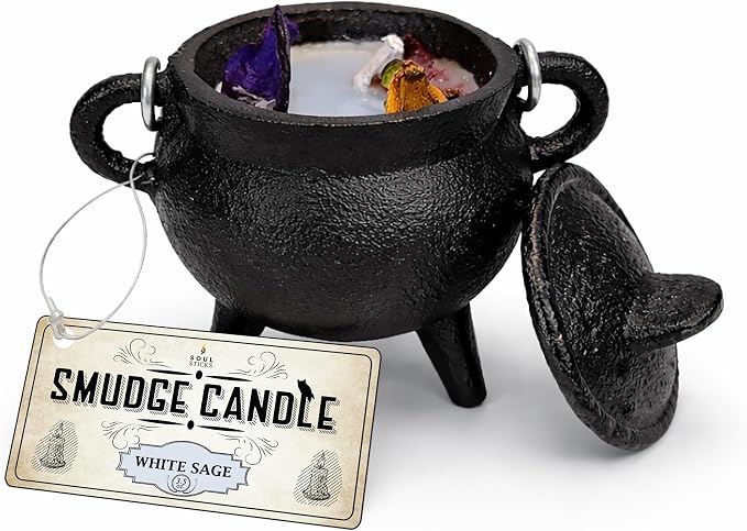 Reusable 4 Inch Cast Iron Cauldron Candle with Lid and Hanging Handle for Spell Casting, Smudging, Ritual & Blessings Pot Belly Witchcraft Candle Aromatherapy Scented (White Sage)