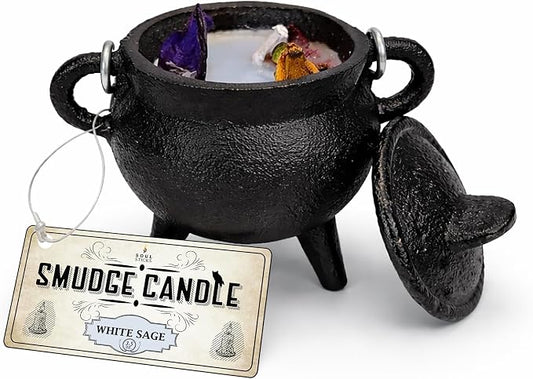 Reusable 4 Inch Cast Iron Cauldron Candle with Lid and Hanging Handle for Spell Casting, Smudging, Ritual & Blessings Pot Belly Witchcraft Candle Aromatherapy Scented (White Sage)