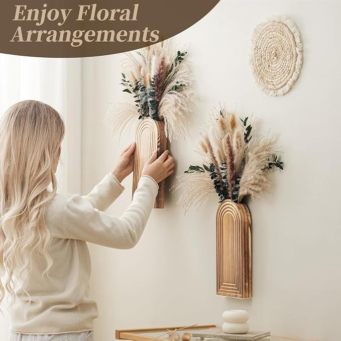 2 Pack Wooden Wall Vase Set with Pampas Grass Eucalyptus, Modern Farmhouse Boho Wall Decor for Living Room, Entryway, Hallway, Bathroom, Dining Room, Brown Wall Art for Home Decoration