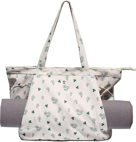 ESVAN Corduroy Yoga Tote Bag Gifts for Women Drawstring Yoga Mat Bag for Office Workout Travel Carryall Pilates Gym