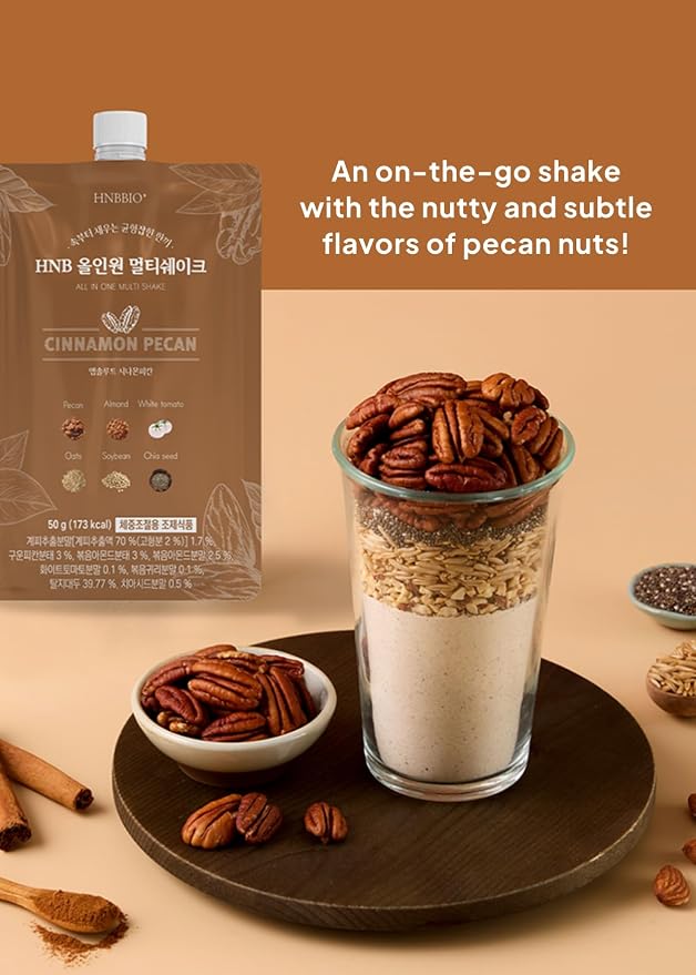 Korean Food All-In-One Multi Shake, Cinnamon Pecan, Fiber, 7 Pack, 350g | Cinnamon pecan-flavored powder blend with dietary fiber in convenient individual packs