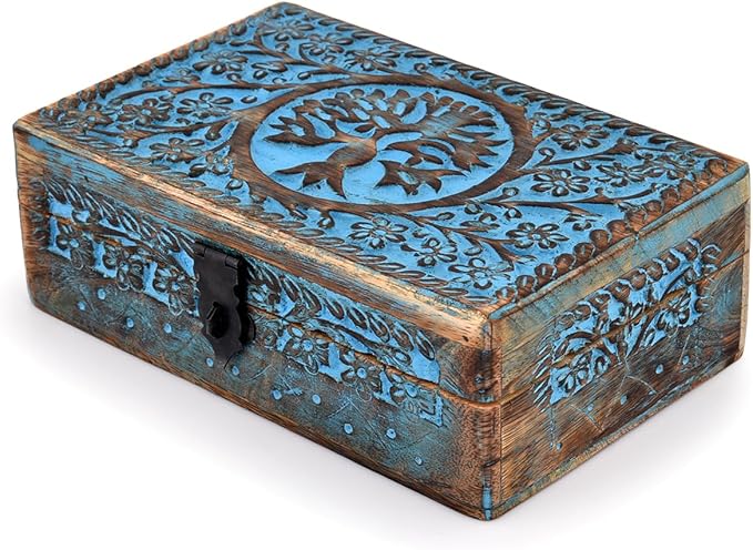 |Wooden Jewelry Box, Tarot Box, Celestial Home Decor, Witch Box, Tree of Life, Trinket Box |Size- 8" x 5" x 2.5",| Decorative Storage Bin