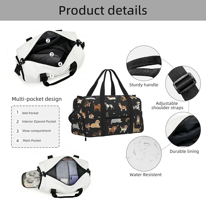 Fiokroo Sports Gym Bag Cute Dogs Black Travel Duffel Bag For Men Women With Shoe Compartment Water Resistant Gym Bag Carry On Duffel Bag For Weekend Traveling Yoga Gym Sports