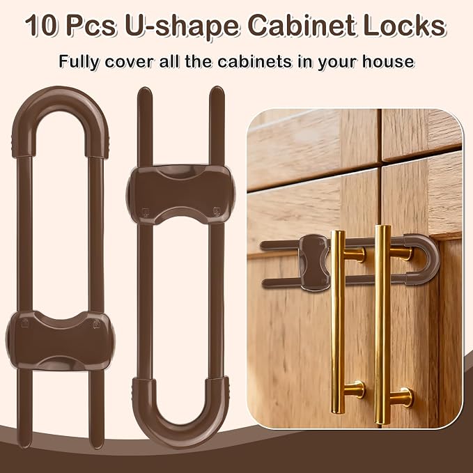 10 Pcs Sliding Cabinet Latches, U Shaped Cabinet Door Locks, Baby Cabinet Safety Latches for Baby Proofing, No Drilling Tool-Free Installation Easy to Use for Knobs or Handle Double Door (Brown)
